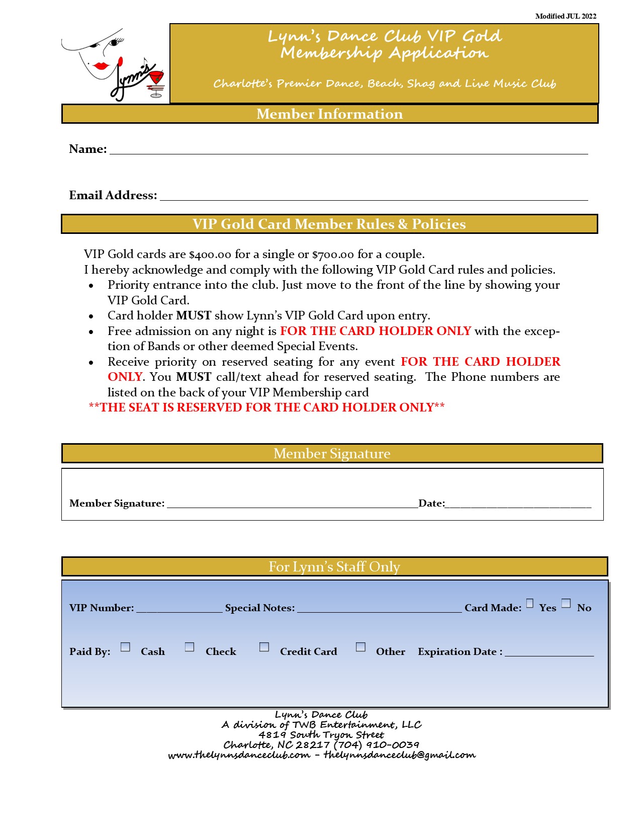 Lynn's VIP Membership Application